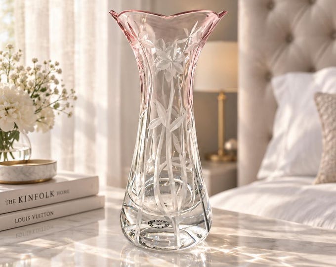 Vintage Romanian etched crystal vase with pink ombré detail 9” x 4”