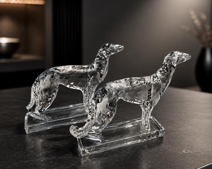 Vintage pair clear glass Borzoi wolfhound figurines bookends