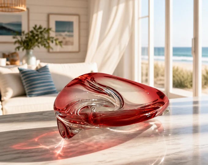 Val Saint Lambert signed swirled cranberry/clear Belgian art glass bowl- 8X8x3”