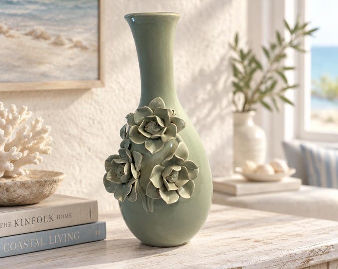 Vintage pale celadon green porcelain vase with applied roses 11” x 5”