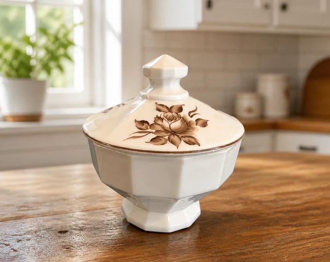 Vintage Westmoreland sepia rose pattern lidded trinket or candy dish- 4.5”