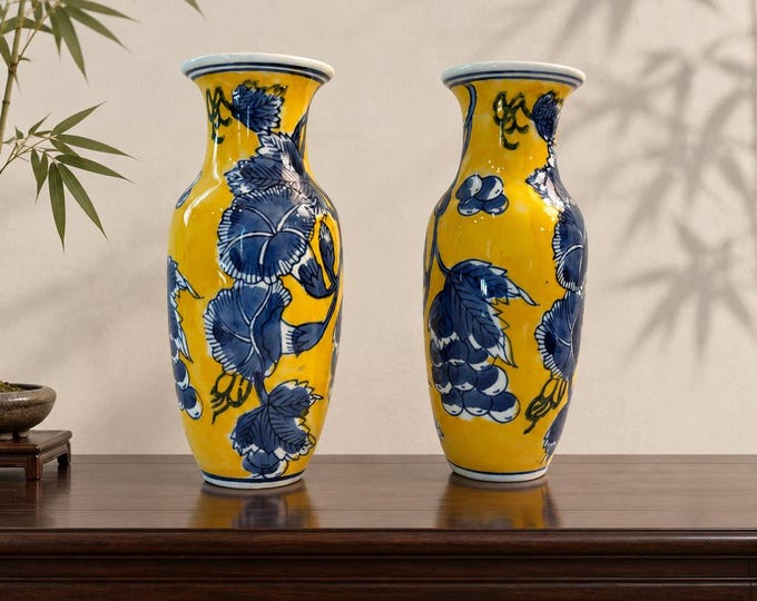 Vintage pair of Chinese vases w/yellow ground & cobalt blue grape/leaves motif  8” x 3”
