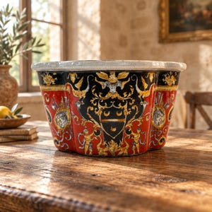 May include: A ceramic bowl featuring a scalloped rim and a crackled white finish. The exterior is decorated with a vibrant pattern of red and black panels, gold-toned heraldic crests, and detailed illustrations of figures and mythical creatures.