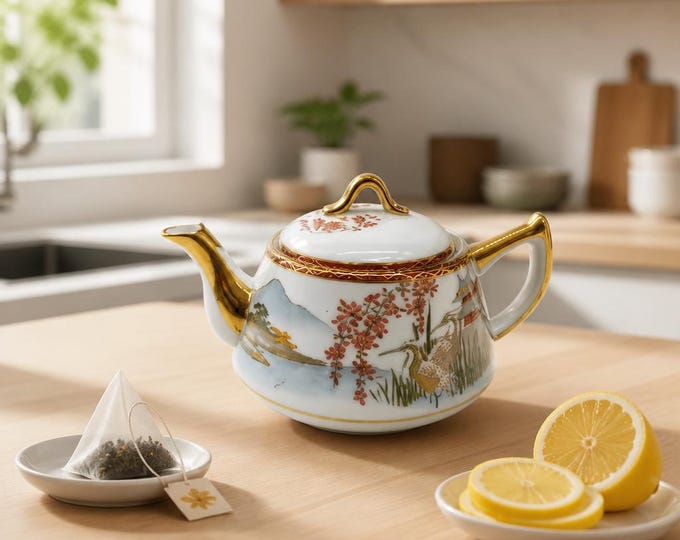 Antique Japanese porcelain hand-painted teapot with gold accents