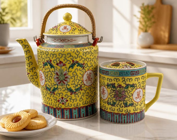Vintage Mun Shou yellow ground longevity teapot and covered mug