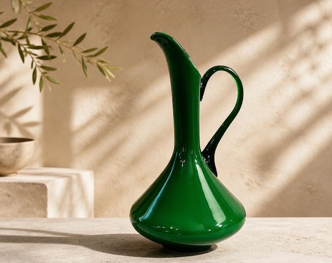 Vintage Mid century Italian Empoli emerald green hand-blown glass ewer 13”