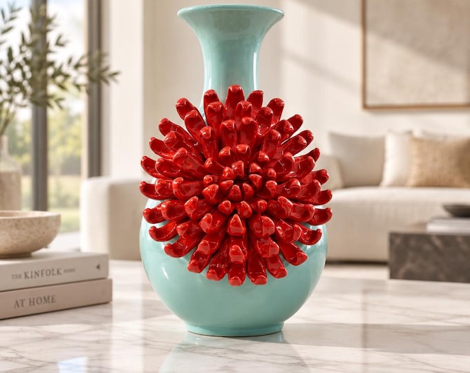 Vintage Anthropologie ceramic vase with 3d chrysanthemum flower detail 9” x 6”