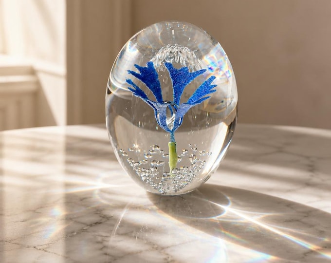 Daum Crystal Egg Paperweight, Blue Flower, Original Box