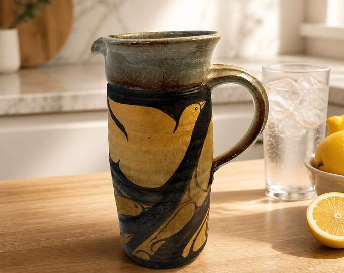 Vintage Signed Vanderbrook sgraffito decorated stoneware pitcher 9” x 6”