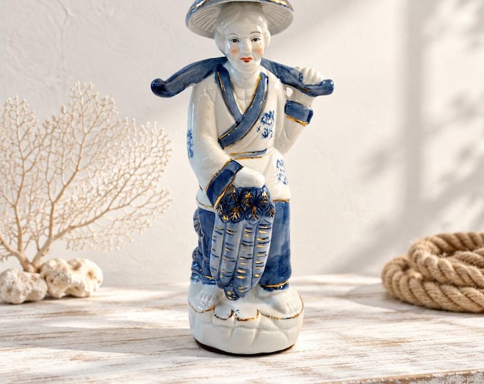 Vintage Chinese blue and white porcelain figurine of traditional fisherman 12”