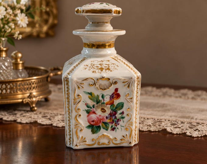 Antique Siegmund Paul Meyer (SPM) hand-painted porcelain bottle with stopper 6” x 4”