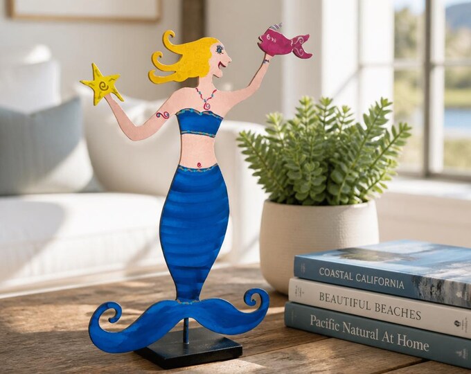 RARE Hand-painted metal Mermaid sculpture signed by Claudine Buell 16” x 11”