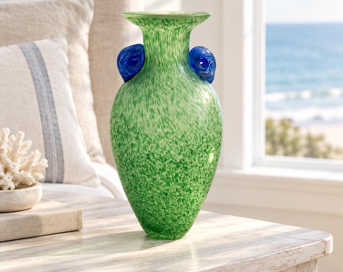 Vintage Murano style amphora hand-blown art glass vase with handles 7.5” x 4”