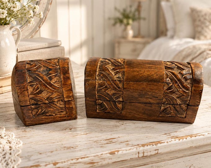 Two Vintage hand carved wooden boxes 4” x 7” and 4” x 3”