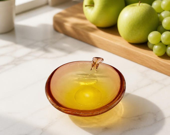 Hand blown murano style glass apple shaped amber dish