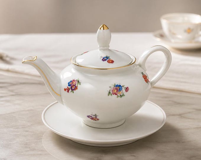 Antique German Bavarian porcelain flowered teapot with gold trim 9” x 7”