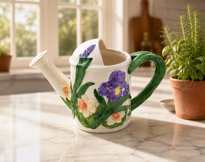 Vintage majolica ceramic watering can sculptured flower motif collectible 7x10
