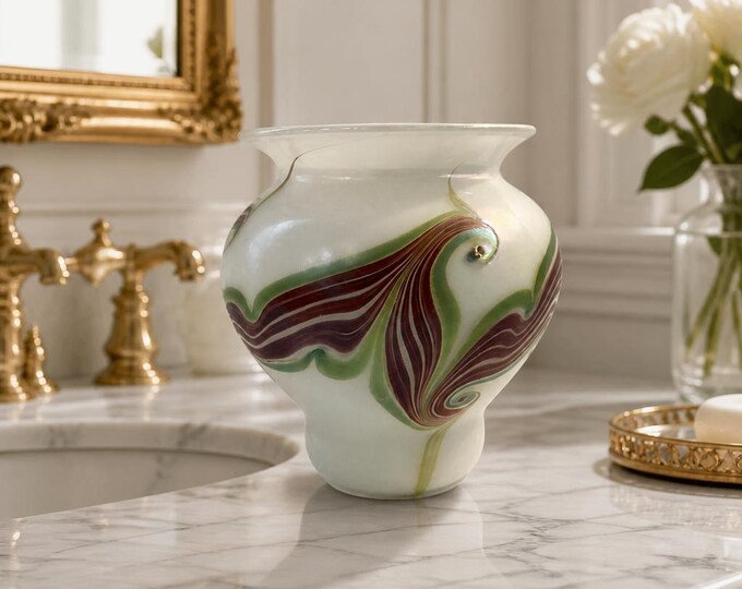 Orient & Flume style iridescent hand-blown pulled feather art glass vase 6” x 6”