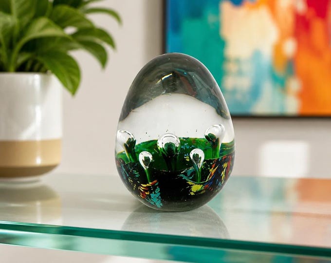 Murano style hand blown art glass egg paperweight with controlled bubbles 3” x 2.5”