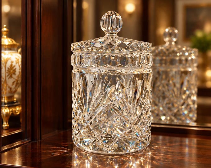 Vintage Yugoslavian cut crystal biscuit jar/canister with lid 6” x 3.5”