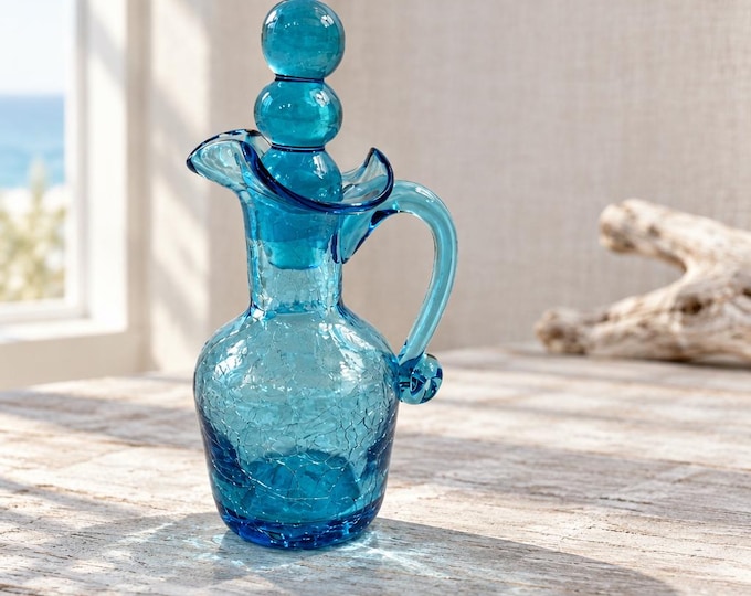 Vintage Mid Century hand-blown turquoise crackle finish cruet- 6” x 3”