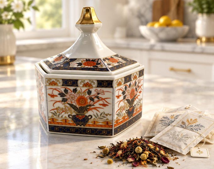 Vintage Japanese Imari hexagonal porcelain lidded jar 7” x 7”