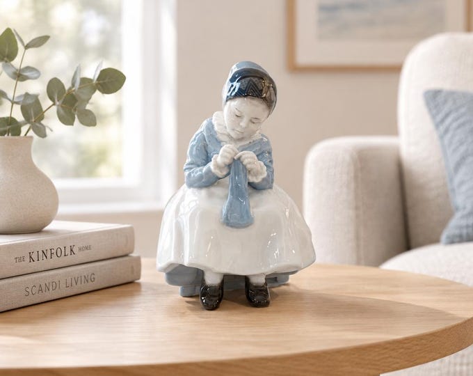 Vintage Royal Copenhagen porcelain Amager Girl figurine of woman knitting 6” x 4”