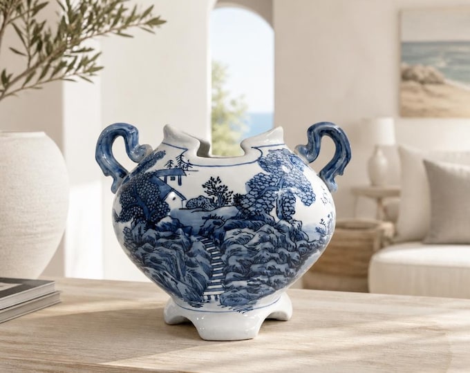Vintage blue and white Chinese chinoiserie double-handled vase