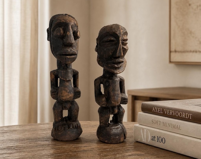 Vintage rustic carved wooden figures- 11” and 10” tall