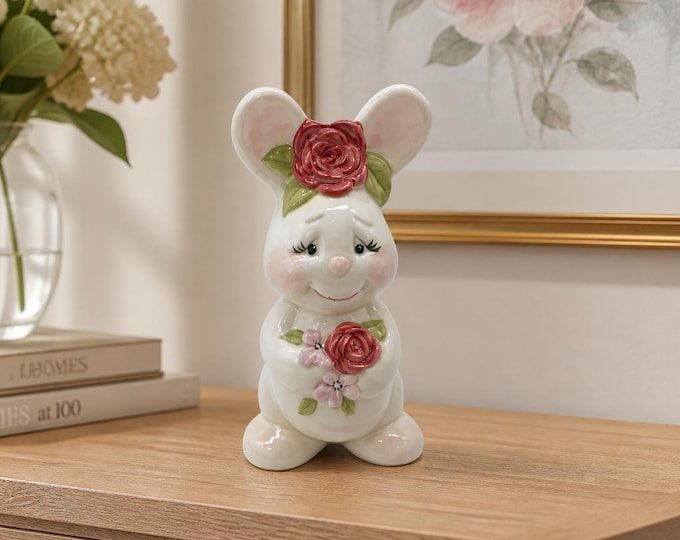 Hand painted ceramic bunny with rose accents- 8.5”