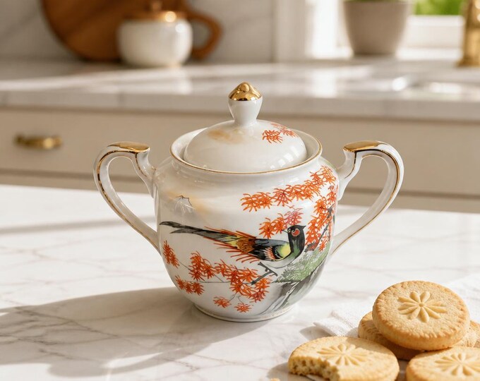 Antique Japanese porcelain hand-painted sugar bowl with bird 7” x 5”