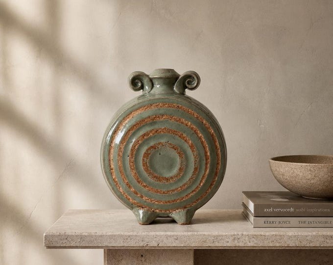 Vintage celadon-glazed ceramic vase with scroll handles 7.5” x 6”