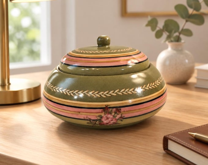 Vintage hand-painted lidded bowl with floral detail 5” x 8”