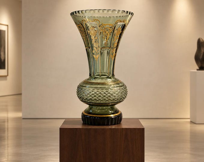 Vintage Bohemian cut glass vase with gold gilt trim. 12” x 7.5”