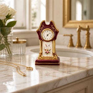 May include: A mantel clock featuring a deep burgundy ceramic body with gold trim and accents. The clock face has black Roman numerals and hands. Below the clock face is a rectangular panel decorated with a colorful floral bouquet illustration.
