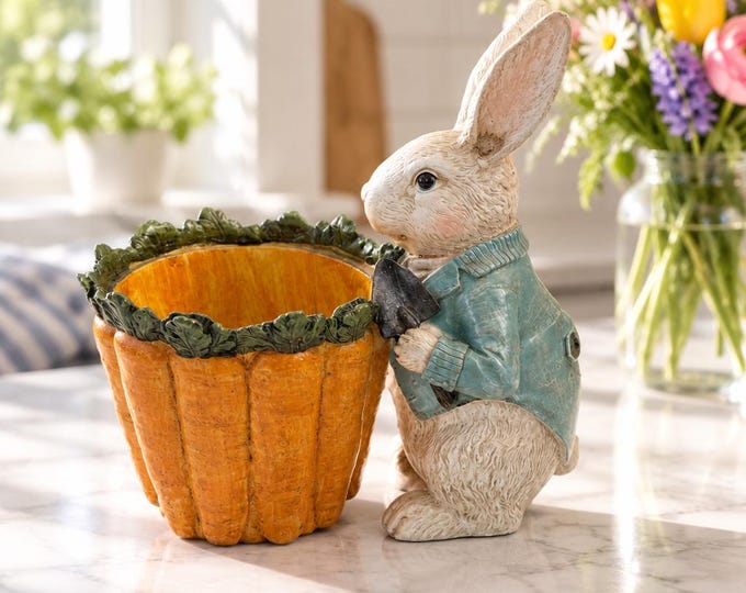 Decorative poly resin bunny with carrot-shaped planter 8” tall and 7” wide