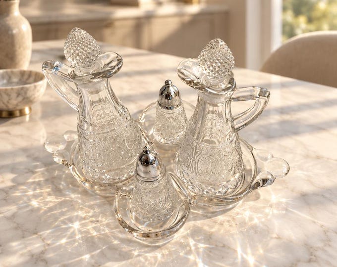 Vintage Duncan & Miller “sandwich” pattern cruet and shaker set