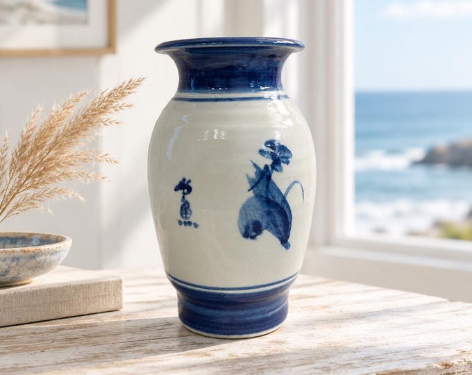 Vintage Blue and White Art Studio Stoneware Vase, Hand-Painted Floral Motif (8" x 5")