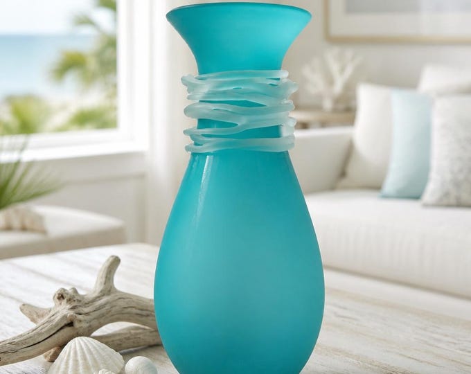 Elegant Cyan Design Alpine Blue and frosted art glass vase 17” x 8”