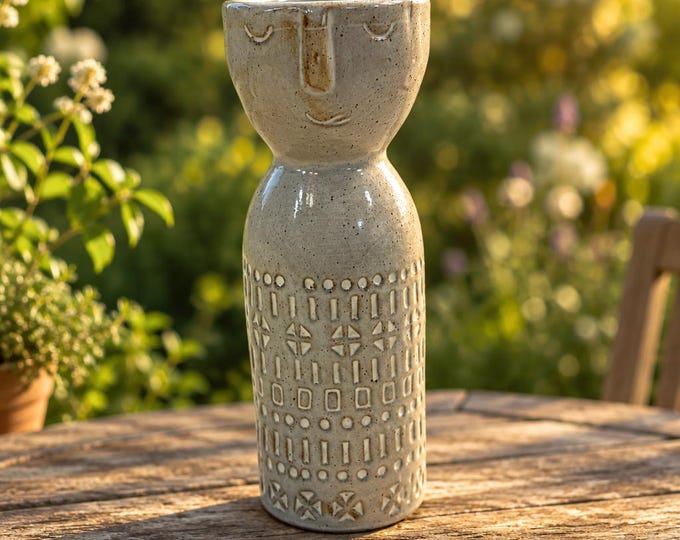 Vintage Embla grey stoneware face vase by Bloomingville 5.5” x 2.5”