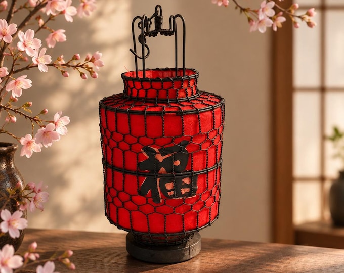 Vintage Chinese hangable cloth lantern in metal frame