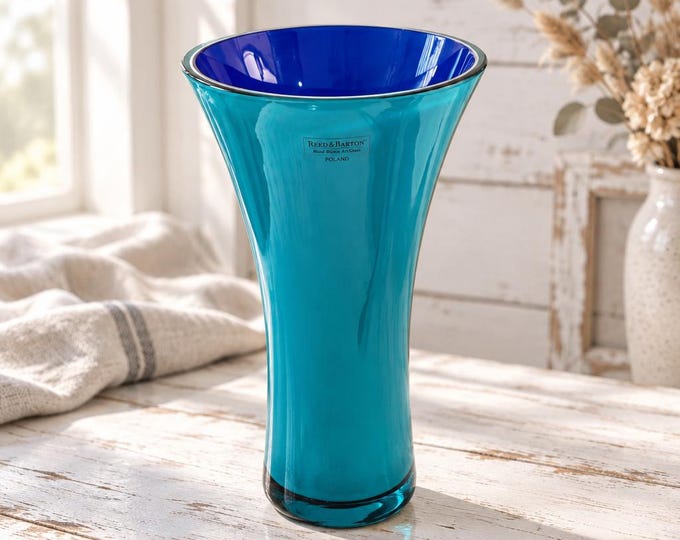 Vintage MCM hand-blown Reed & Barton Polish art glass turquoise royal blue cased vase 10” x 5.5”