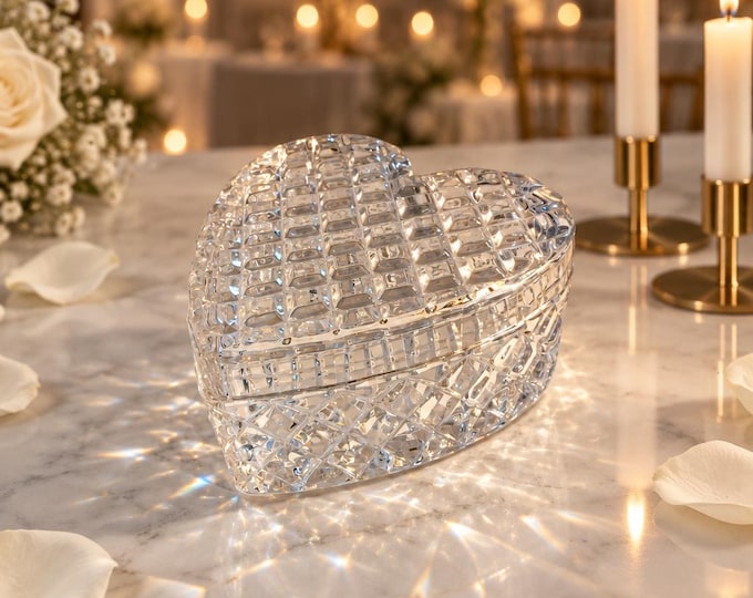 Vintage crystal heart shaped trinket box 6” x 5” x 3.5”