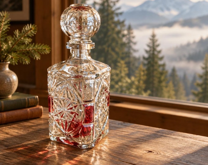 Vintage Bhoemian cut crystal whiskey decanter with cranberry flash accents 9”