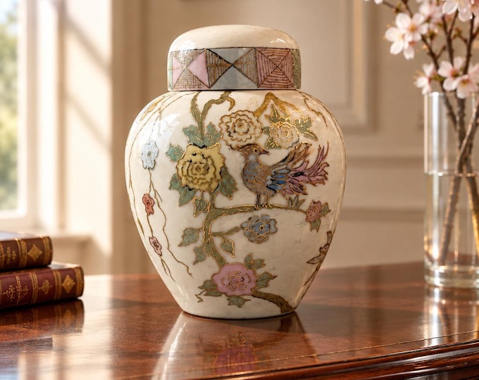 Vintage Chinese hand-painted ginger jar with lid 6” x 5”