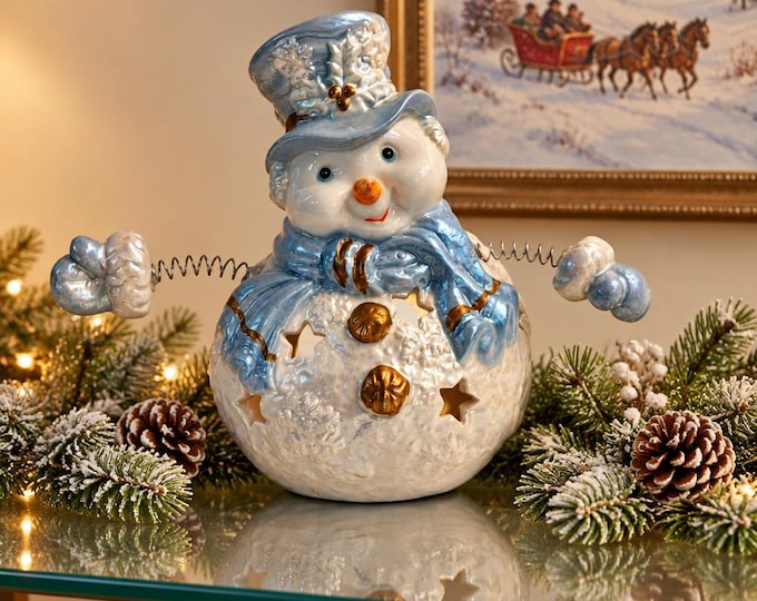 Vintage Designspiration ceramic snowman tea light candle holder 6.25” x 7”