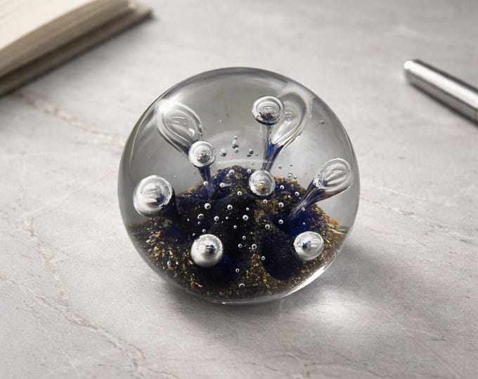 Vintage hand blown controlled bubble cobalt blue and sparkling gold glitter accents