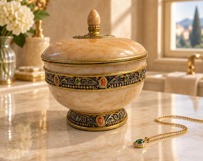 Vintage hand painted faux ceramic lidded trinket dish- 7” x 6.5”