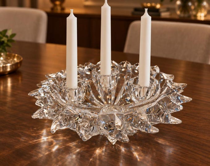 Vintage PartyLite “Starburst” crystal three-candle holder 3.5” x 10”
