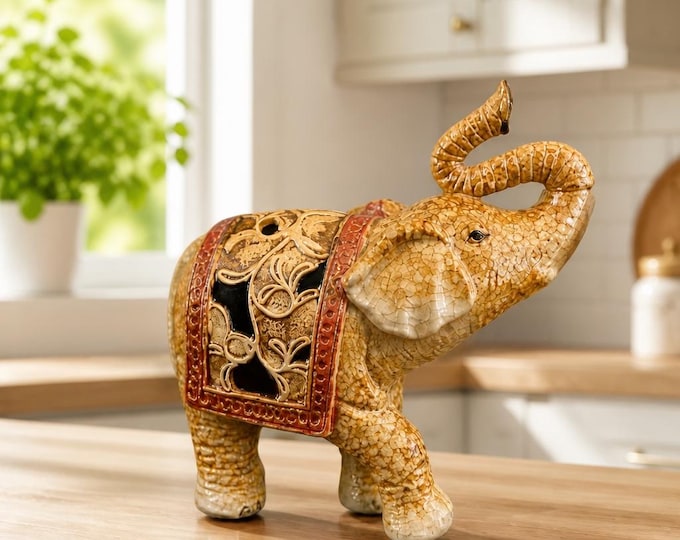 Vintage Asian Ceramic Elephant, Crackle Glaze, Cutout Saddle